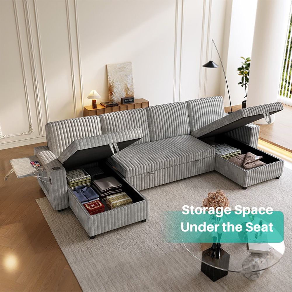Oversized U Shaped Plush Corduroy Fluffy Sectional Sleeper Sofa - Grey V1316-W2564S00049