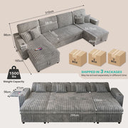 Oversized U Shaped Plush Corduroy Fluffy Sectional Sleeper Sofa - Grey V1316-W2564S00049