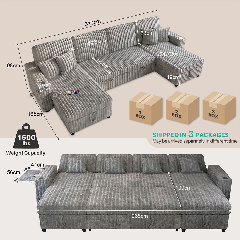 Oversized U Shaped Plush Corduroy Fluffy Sectional Sleeper Sofa - Grey V1316-W2564S00049