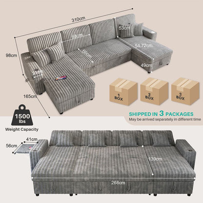 Oversized U Shaped Plush Corduroy Fluffy Sectional Sleeper Sofa - Grey V1316-W2564S00049