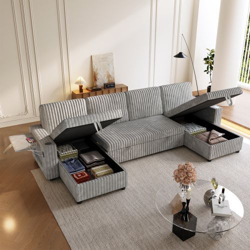 Oversized U Shaped Plush Corduroy Fluffy Sectional Sleeper Sofa - Grey V1316-W2564S00049
