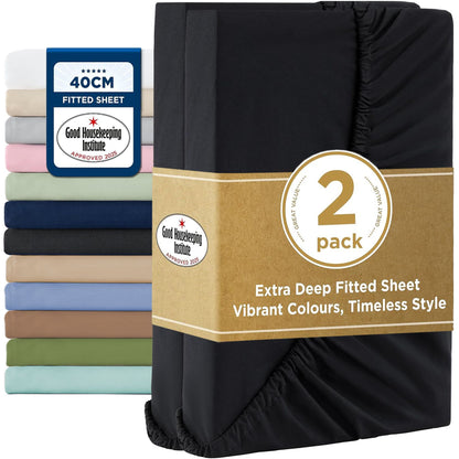 2000TC Hotel Quality Fitted Sheets - 2 Piece Fitted Sheets  -Breathable Bedding - Wrinkle, Fade, Stain Resistant- 16inch/40cm Deep Pocket Fitted Bed Sheets-Wrinkle and Fade Resistant,(Black,Double)