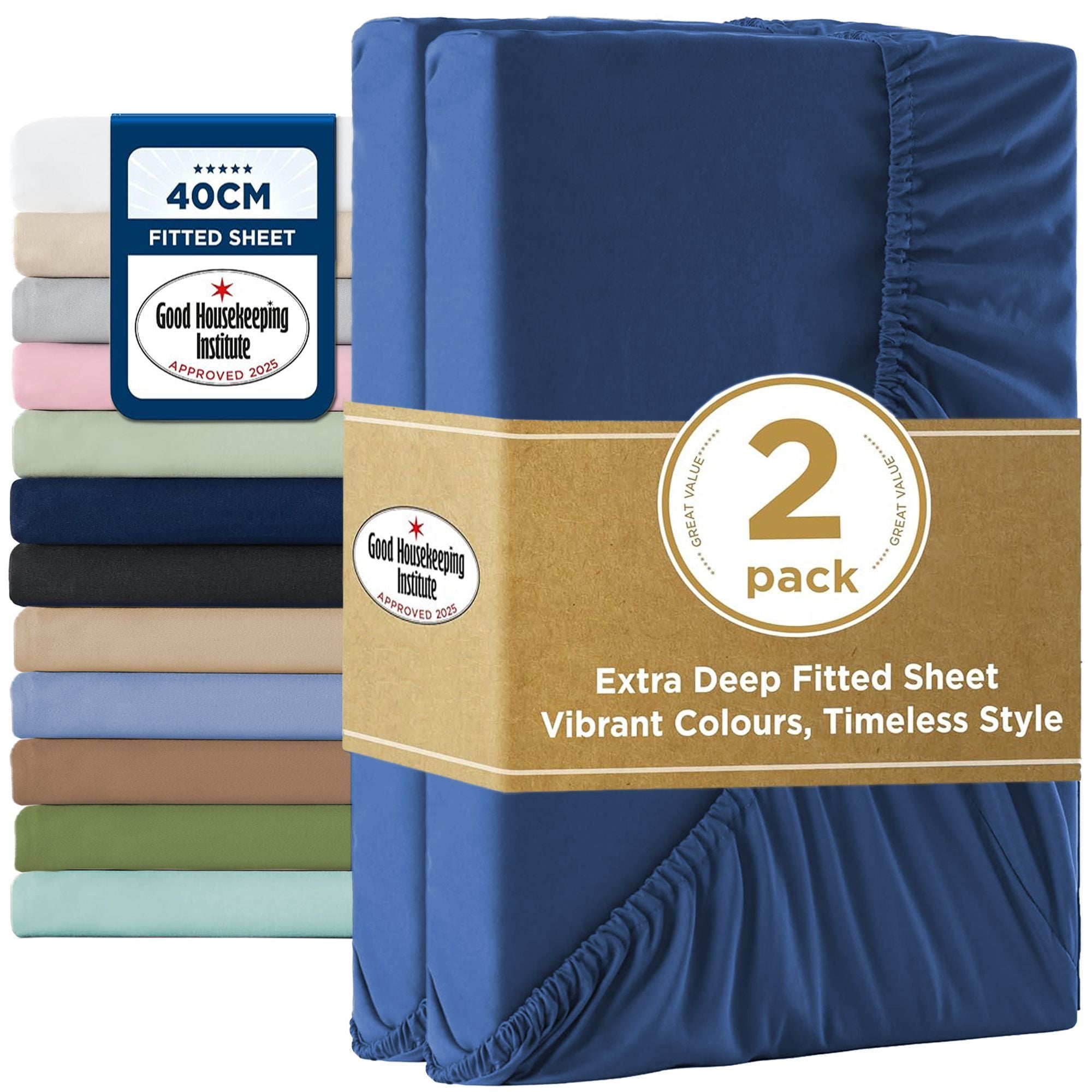 2000TC Hotel Quality Fitted Sheets - 2 Piece Fitted Sheets  -Breathable Bedding - Wrinkle, Fade, Stain Resistant- 16inch/40cm Deep Pocket Fitted Bed Sheets-Wrinkle and Fade Resistant,(Royal blue,Double)