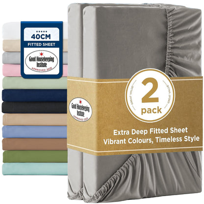 2000TC Hotel Quality Fitted Sheets - 2 Piece Fitted Sheets  -Breathable Bedding - Wrinkle, Fade, Stain Resistant- 16inch/40cm Deep Pocket Fitted Bed Sheets-Wrinkle and Fade Resistant,(Grey,Double)