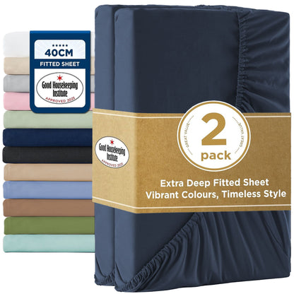 2000TC Hotel Quality Fitted Sheets - 2 Piece Fitted Sheets  -Breathable Bedding - Wrinkle, Fade, Stain Resistant- 16inch/40cm Deep Pocket Fitted Bed Sheets-Wrinkle and Fade Resistant,(Navy,Double)
