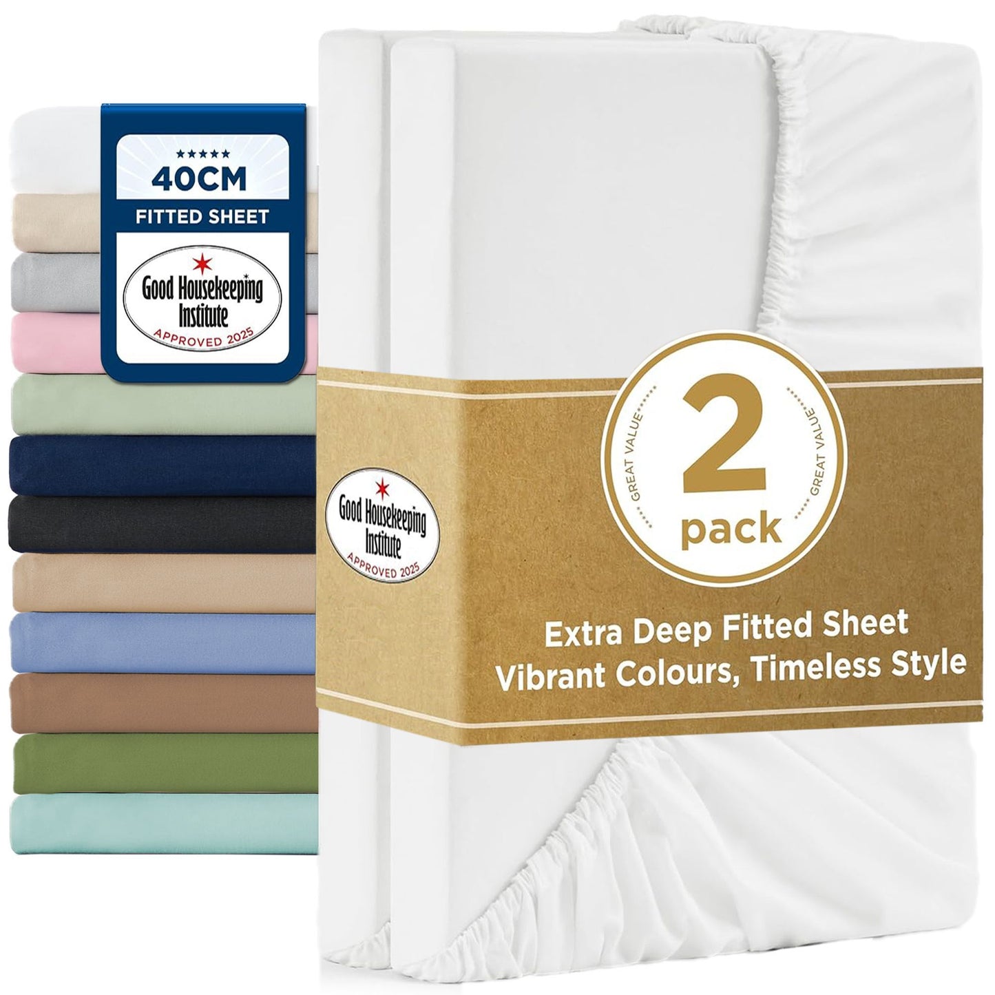 2000TC Hotel Quality Fitted Sheets - 2 Piece Fitted Sheets  -Breathable Bedding - Wrinkle, Fade, Stain Resistant- 16inch/40cm Deep Pocket Fitted Bed Sheets-Wrinkle and Fade Resistant,(White,King)