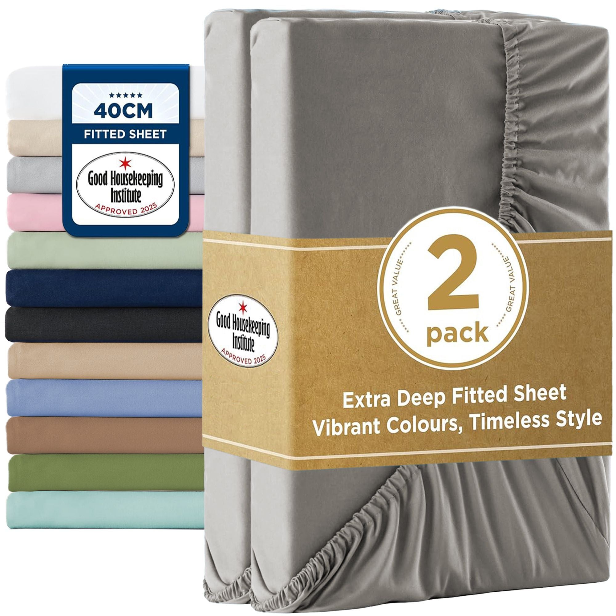 2000TC Hotel Quality Fitted Sheets - 2 Piece Fitted Sheets  -Breathable Bedding - Wrinkle, Fade, Stain Resistant- 16inch/40cm Deep Pocket Fitted Bed Sheets-Wrinkle and Fade Resistant,(Grey,King)