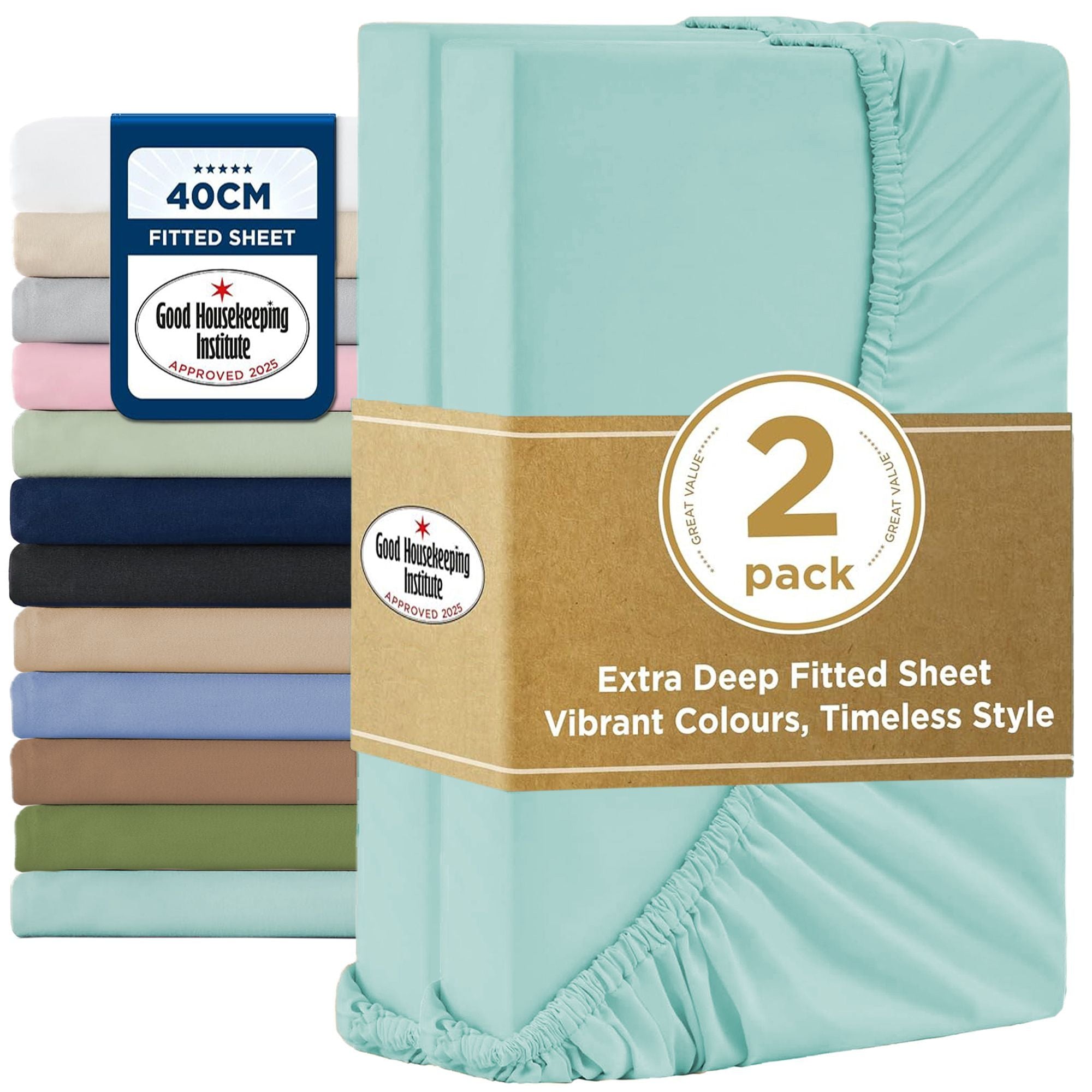 2000TC Hotel Quality Fitted Sheets - 2 Piece Fitted Sheets  -Breathable Bedding - Wrinkle, Fade, Stain Resistant- 16inch/40cm Deep Pocket Fitted Bed Sheets-Wrinkle and Fade Resistant,(Ice blue,King Single)