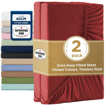 2000TC Hotel Quality Fitted Sheets - 2 Piece Fitted Sheets  -Breathable Bedding - Wrinkle, Fade, Stain Resistant- 16inch/40cm Deep Pocket Fitted Bed Sheets-Wrinkle and Fade Resistant,(Red,King Single)