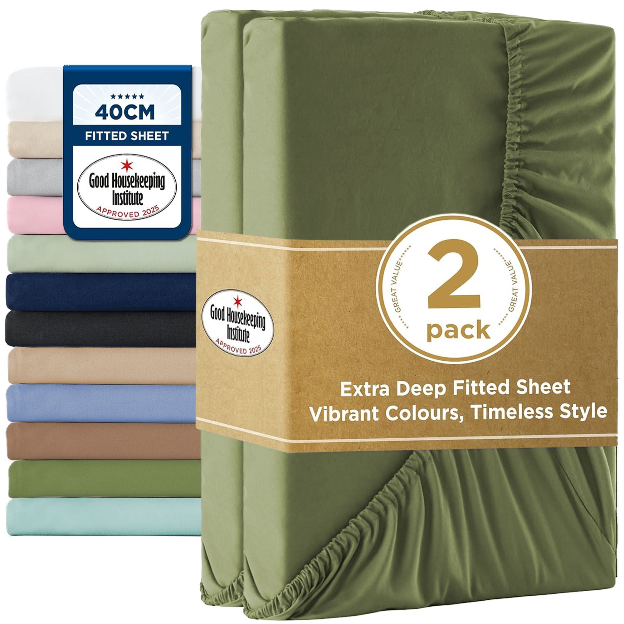 2000TC Hotel Quality Fitted Sheets - 2 Piece Fitted Sheets  -Breathable Bedding - Wrinkle, Fade, Stain Resistant- 16inch/40cm Deep Pocket Fitted Bed Sheets-Wrinkle and Fade Resistant,(Olive green,Queen)