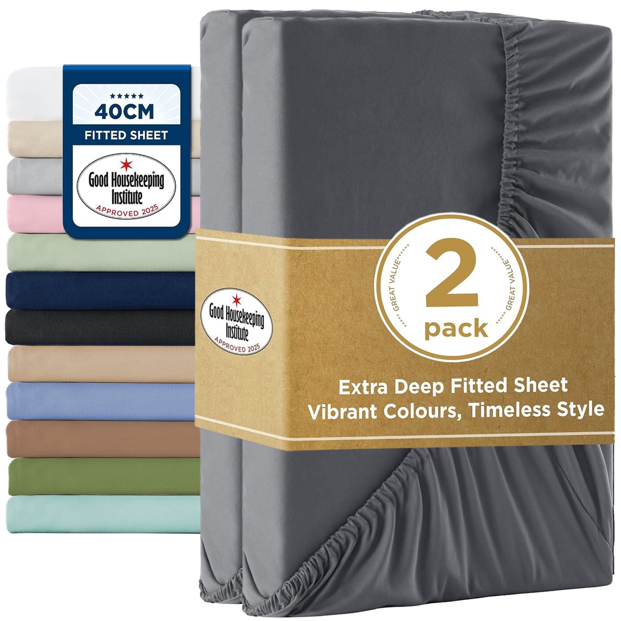 2000TC Hotel Quality Fitted Sheets - 2 Piece Fitted Sheets  -Breathable Bedding - Wrinkle, Fade, Stain Resistant- 16inch/40cm Deep Pocket Fitted Bed Sheets-Wrinkle and Fade Resistant,(Dark gray,Queen)