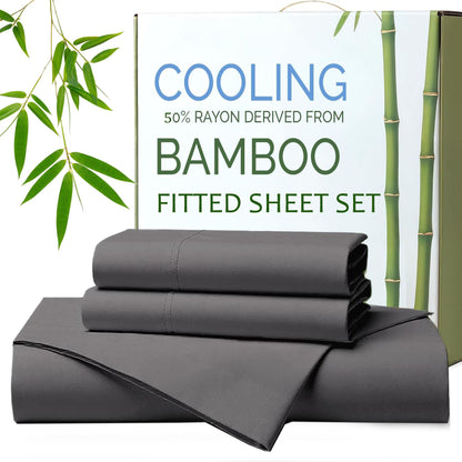Hotel Breathable Bamboo Fitted Sheet & Pillowcase-3 Piece-Ultra Soft 2000TC Breathable Fitted Bed Sheets Set with 37 Centimetre Deep Pocket-Cooling Sheets for Hot Sleepers(Grey,Double)