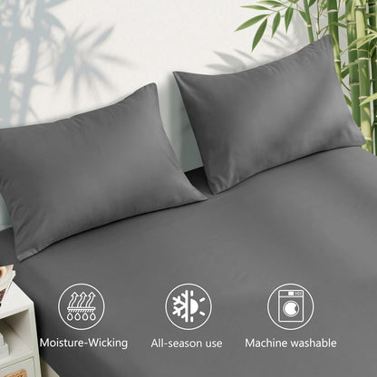 Hotel Breathable Bamboo Fitted Sheet & Pillowcase-3 Piece-Ultra Soft 2000TC Breathable Fitted Bed Sheets Set with 37 Centimetre Deep Pocket-Cooling Sheets for Hot Sleepers(Grey,Double)