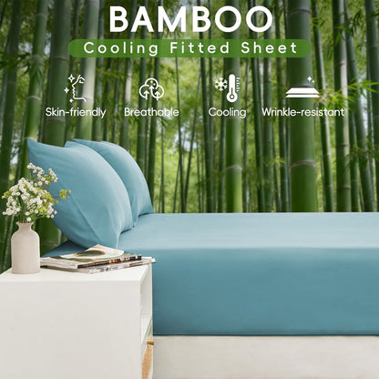 Hotel Breathable Bamboo Fitted Sheet & Pillowcase-3 Piece-Ultra Soft 2000TC Breathable Fitted Bed Sheets Set with 37 Centimetre Deep Pocket-Cooling Sheets for Hot Sleepers(Sky Blue,Double)