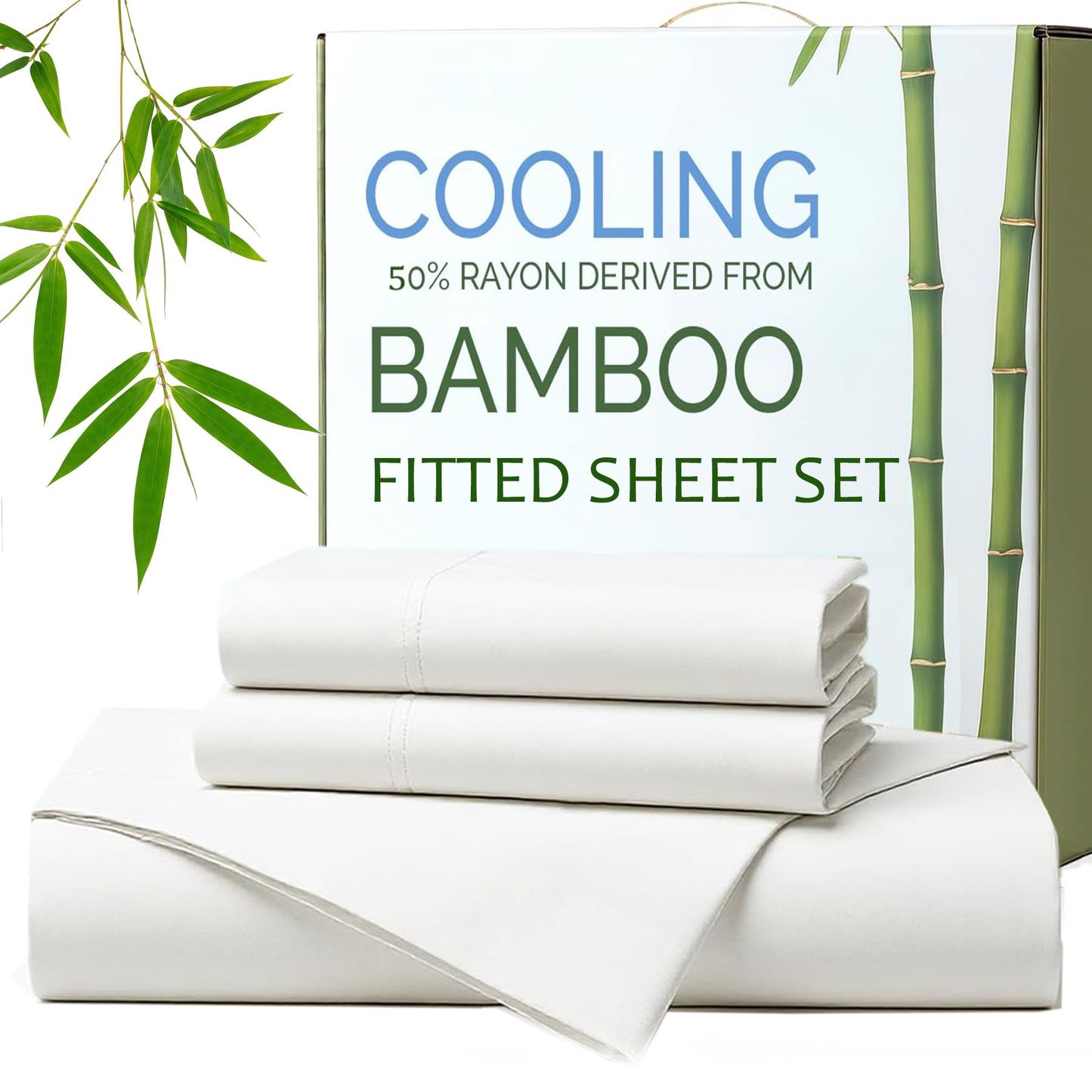 Hotel Breathable Bamboo Fitted Sheet & Pillowcase-3 Piece-Ultra Soft 2000TC Breathable Fitted Bed Sheets Set with 37 Centimetre Deep Pocket-Cooling Sheets for Hot Sleepers(White,Double)