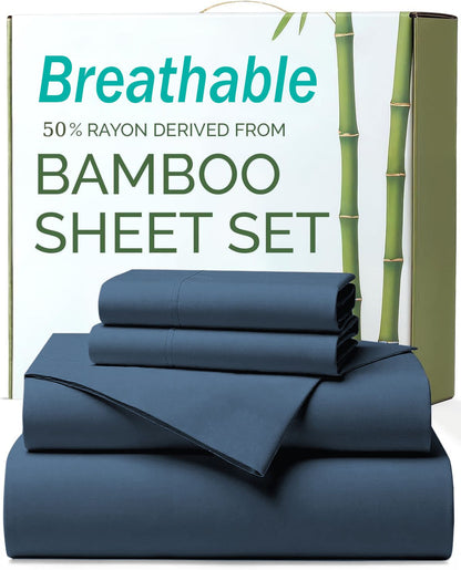 4 Piece Ultra Soft Bamboo Breathable Sheet Set -Hotel 2000TC Breathable Bed Sheets Set with 37 Centimetre Deep Pocket-Breathable Sheets for Hot Sleepers(Navy,Double)