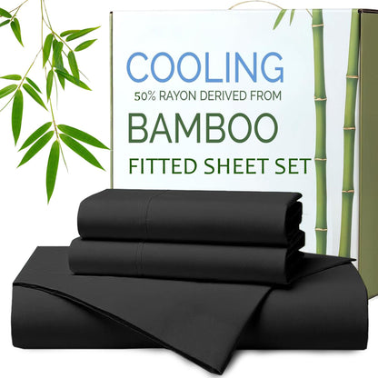 Hotel Breathable Bamboo Fitted Sheet & Pillowcase-3 Piece-Ultra Soft 2000TC Breathable Fitted Bed Sheets Set with 37 Centimetre Deep Pocket-Cooling Sheets for Hot Sleepers(Black,King)