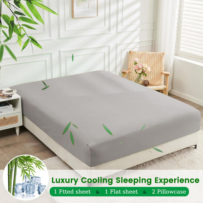 Hotel Breathable Bamboo Fitted Sheet & Pillowcase-3 Piece-Ultra Soft 2000TC Breathable Fitted Bed Sheets Set with 37 Centimetre Deep Pocket-Cooling Sheets for Hot Sleepers(Silver-gray,King)