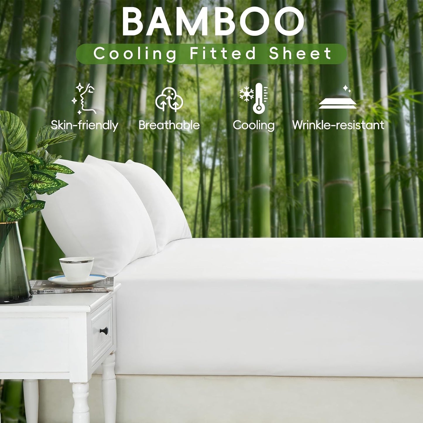 Hotel Breathable Bamboo Fitted Sheet & Pillowcase-3 Piece - Ultra Soft 2000TC Breathable Fitted Bed Sheets Set with 37 Centimetre Deep Pocket-Cooling Sheets for Hot Sleepers(White,King)