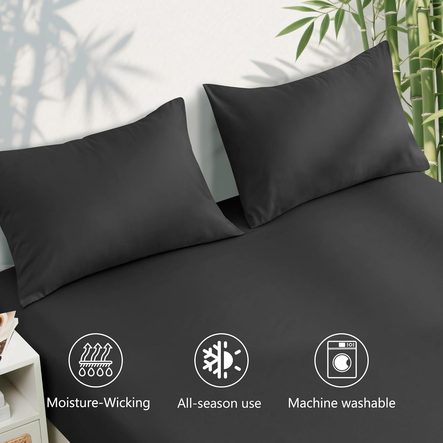Hotel Breathable Bamboo Fitted Sheet & Pillowcase-2 Piece-Ultra Soft 2000TC Fitted Bed Sheets Set with 37 Centimetre Deep Pocket-Cooling Sheets for Hot Sleepers(Black,King Single)