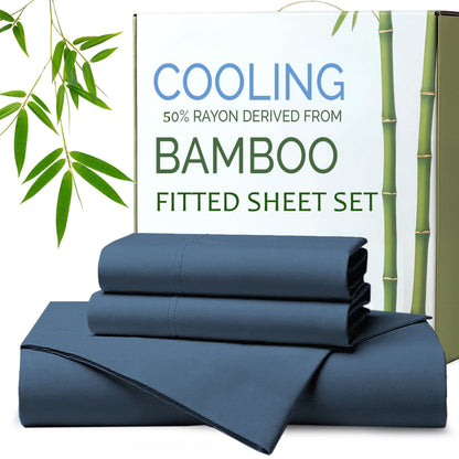 Hotel Breathable Bamboo Fitted Sheet & Pillowcase-2 Piece-Ultra Soft 2000TC Breathable Fitted Bed Sheets Set with 37 Centimetre Deep Pocket-Cooling Sheets for Hot Sleepers(Navy,King Single)