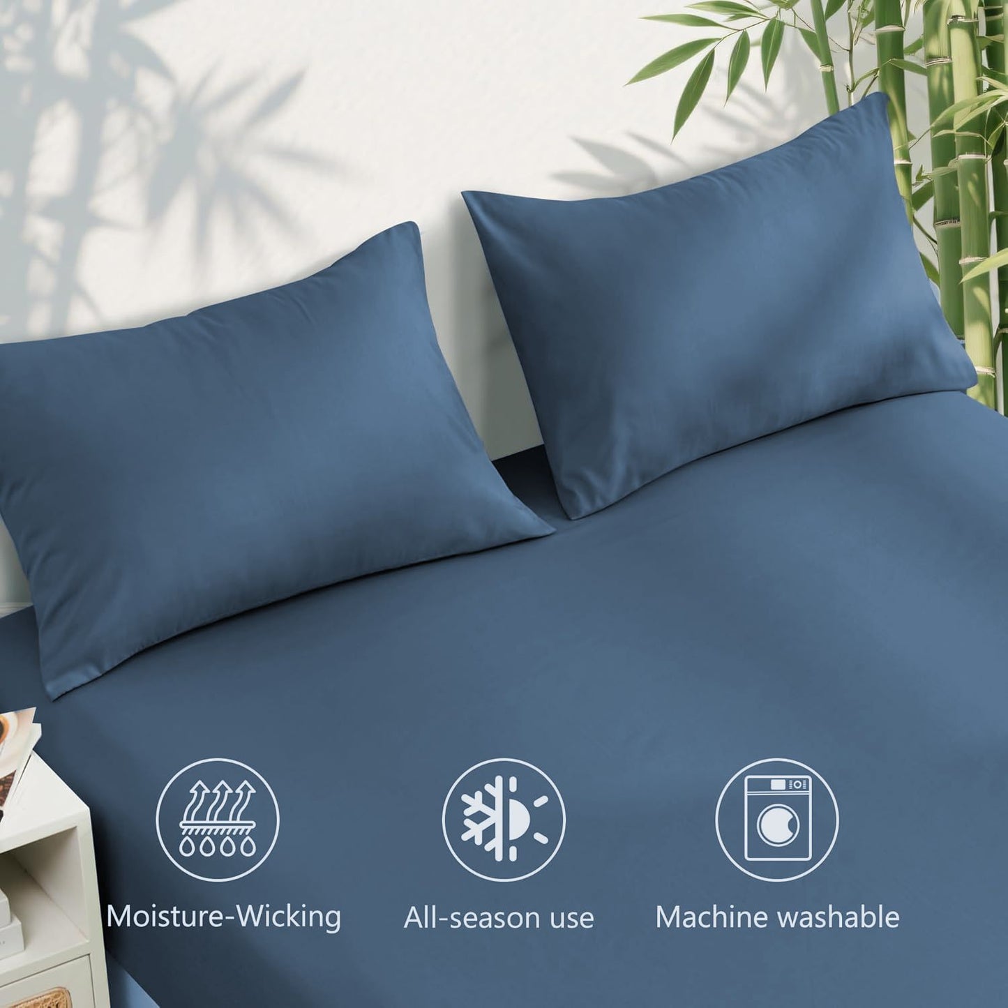 Hotel Breathable Bamboo Fitted Sheet & Pillowcase-2 Piece-Ultra Soft 2000TC Breathable Fitted Bed Sheets Set with 37 Centimetre Deep Pocket-Cooling Sheets for Hot Sleepers(Navy,King Single)