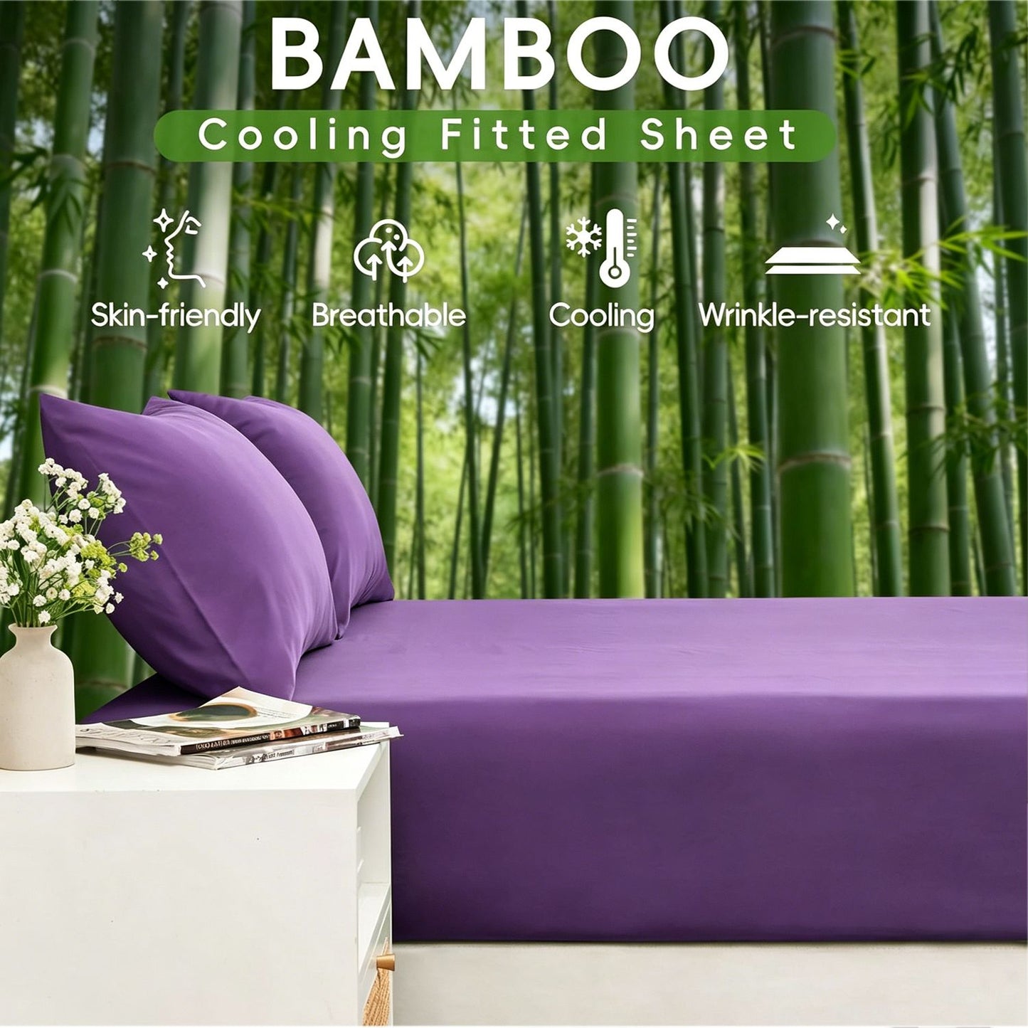 Hotel Breathable Bamboo Fitted Sheet & Pillowcase-2 Piece-Ultra Soft 2000TC Breathable Fitted Bed Sheets Set with 37 Centimetre Deep Pocket-Cooling Sheets for Hot Sleepers(Purple,King Single)