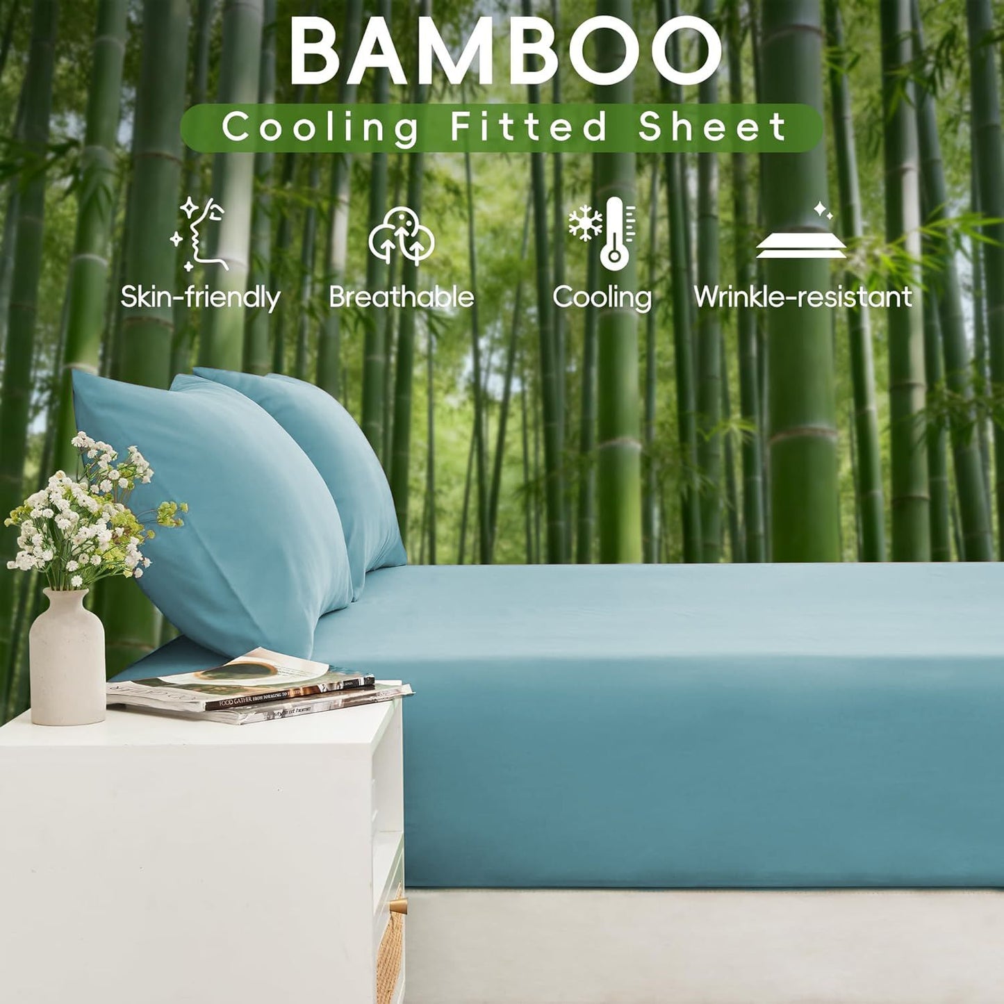 Hotel Breathable Bamboo Fitted Sheet & Pillowcase-2 Piece-Ultra Soft 2000TC Breathable Fitted Bed Sheets Set with 37 Centimetre Deep Pocket-Cooling Sheets for Hot Sleepers(Sky Blue,King Single)