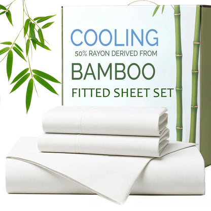 Hotel Breathable Bamboo Fitted Sheet & Pillowcase-2 Piece-Ultra Soft 2000TC Breathable Fitted Bed Sheets Set with 37 Centimetre Deep Pocket-Cooling Sheets for Hot Sleepers(White,King Single)