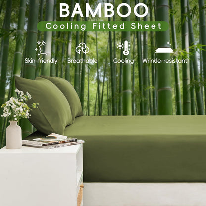 3 Piece Ultra Soft Bamboo Breathable Sheet Set -Hotel 2000TC Breathable Bed Sheets Set with 37 Centimetre Deep Pocket-Breathable Sheets for Hot Sleepers(Olive green,King Single)