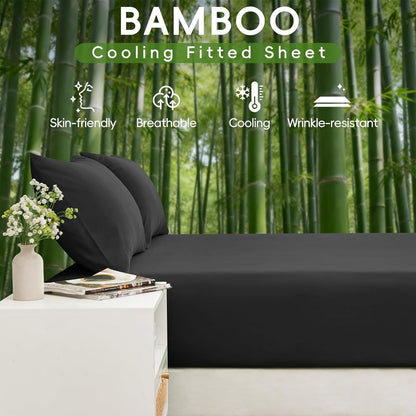 Hotel Breathable Bamboo Fitted Sheet & Pillowcase-3 Piece-Ultra Soft 2000TC Breathable Fitted Bed Sheets Set with 37 Centimetre Deep Pocket-Cooling Sheets for Hot Sleepers(Black,Queen)