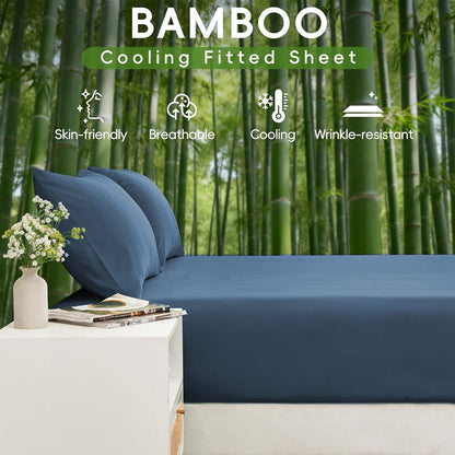 Hotel Breathable Bamboo Fitted Sheet & Pillowcase-3 Piece-Ultra Soft 2000TC Breathable Fitted Bed Sheets Set with 37 Centimetre Deep Pocket-Cooling Sheets for Hot Sleepers(Navy,Queen)