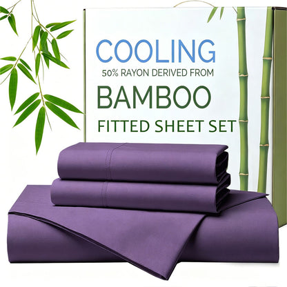Hotel Breathable Bamboo Fitted Sheet & Pillowcase-3 Piece-Ultra Soft 2000TC Breathable Fitted Bed Sheets Set with 37 Centimetre Deep Pocket-Cooling Sheets for Hot Sleepers(Purple,Queen)