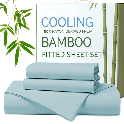 Hotel Breathable Bamboo Fitted Sheet & Pillowcase-3 Piece-Ultra Soft 2000TC Breathable Fitted Bed Sheets Set with 37 Centimetre Deep Pocket-Cooling Sheets for Hot Sleepers(Sky Blue,Queen)