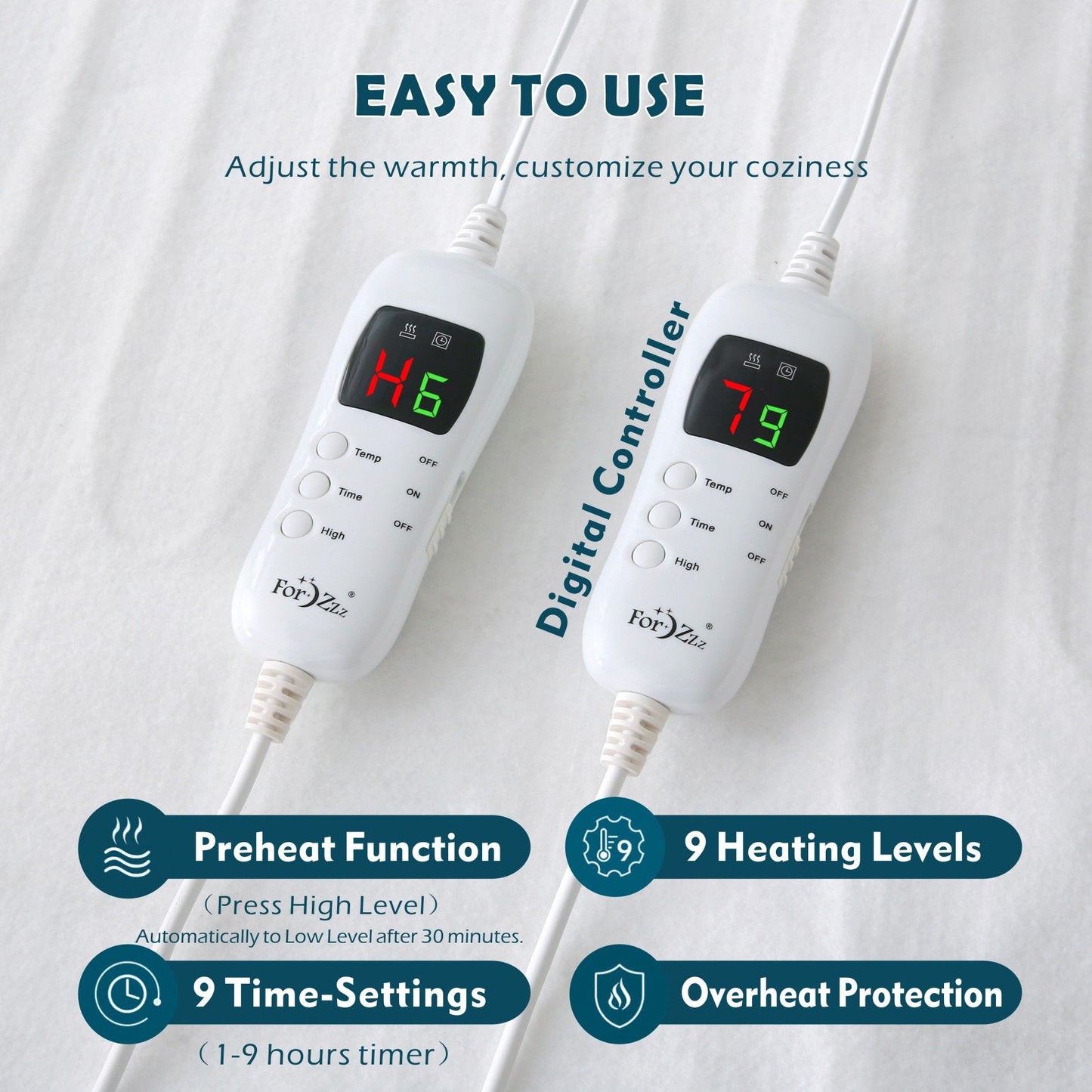 Heated Mattress Pad - Bedding Electric Blanket with 9 Heat Setting & 9-Hour Auto Off, Heated Mattress V1317-DRT-AUK