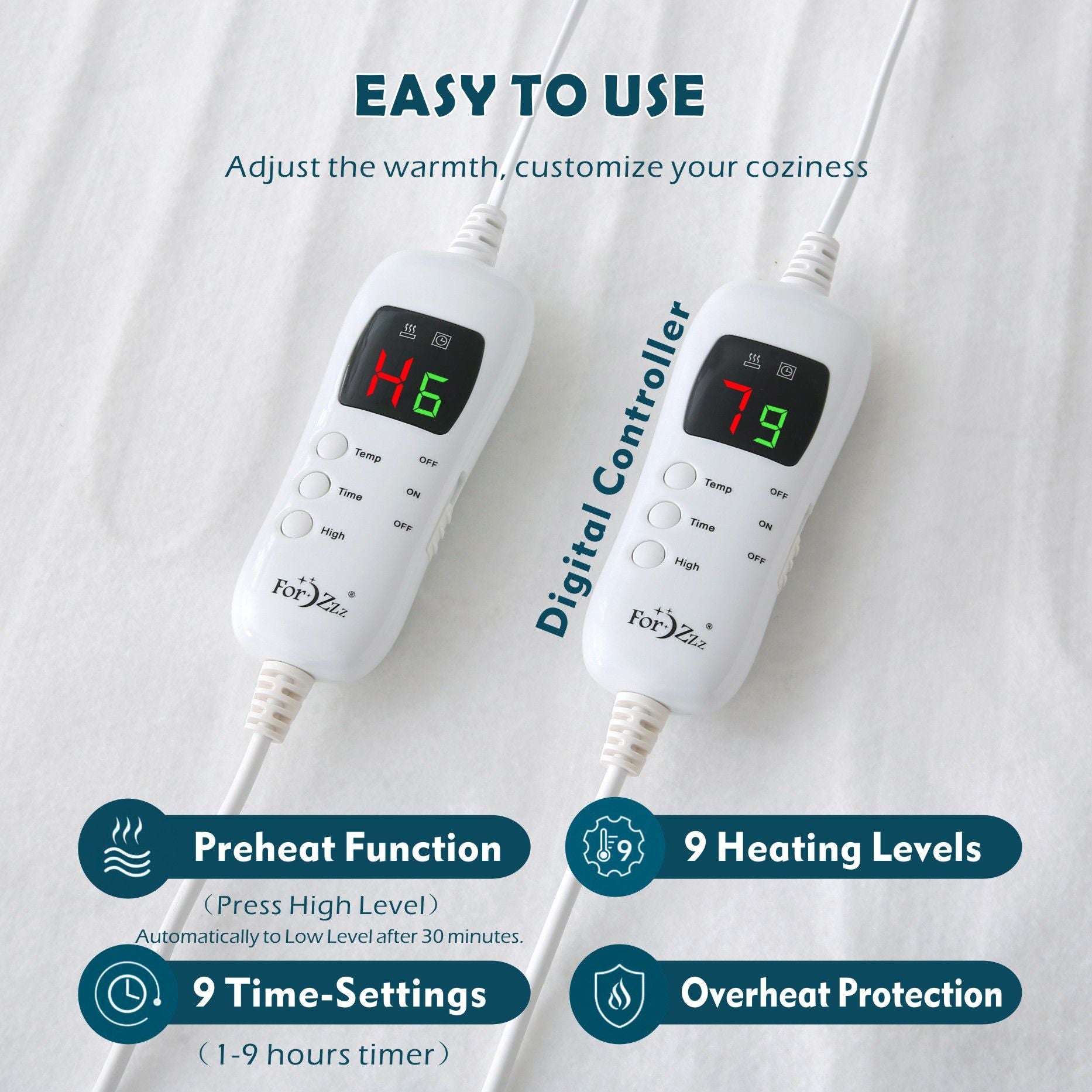 Electric Heated Mattress Pad Blanket with Dual Control & 9-Hour Auto Off & 9 Heat Settings, Preheat V1317-DRT450-AUD
