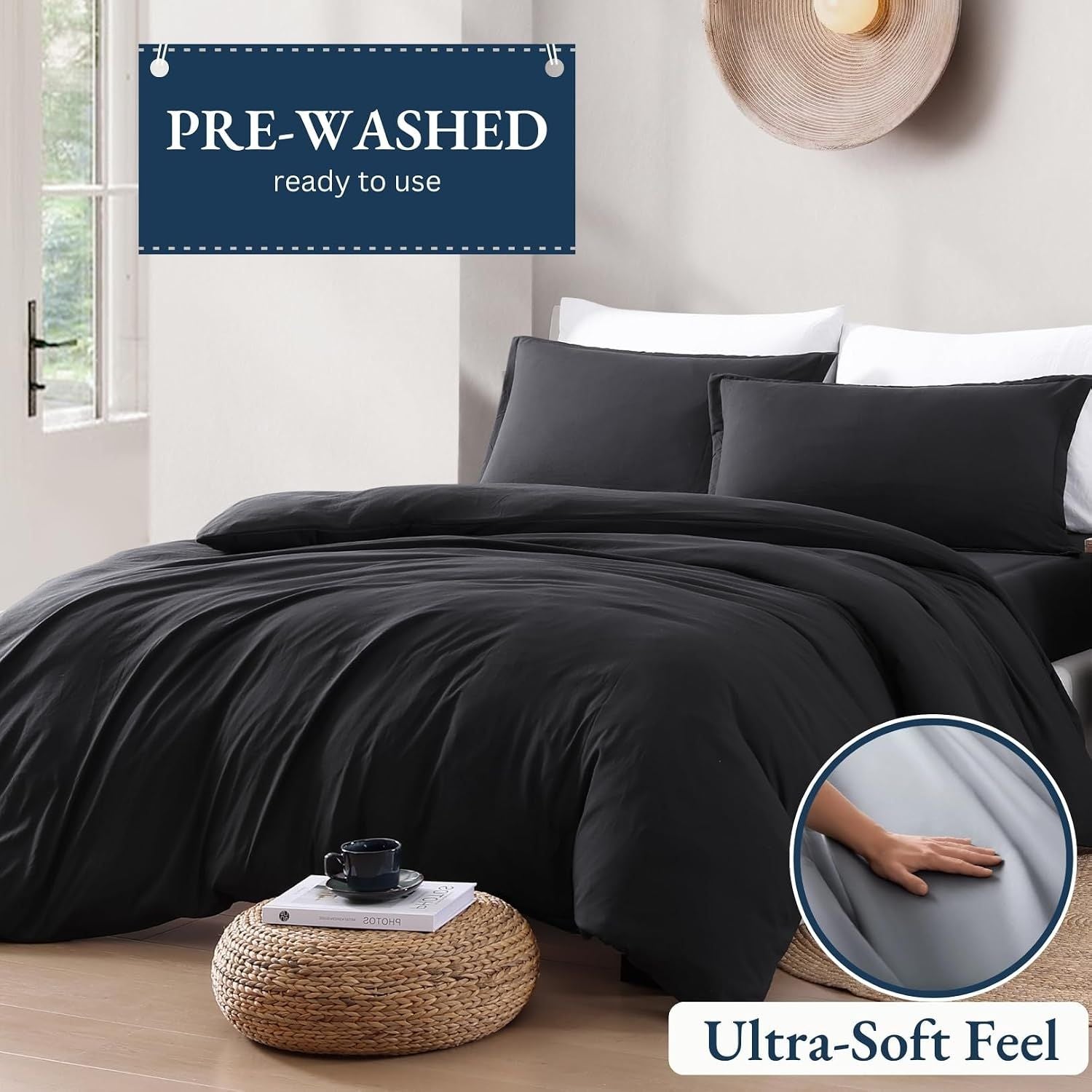 Hotel Soft Microfiber Duvet Cover Set-2000TC Quilt Cover Set & Pillowcases -1 Donna Cover Zipper Closure & 1 x Pillowcases-Breathable Bedding - Wrinkle, Fade, Stain Resistant(Black,King)