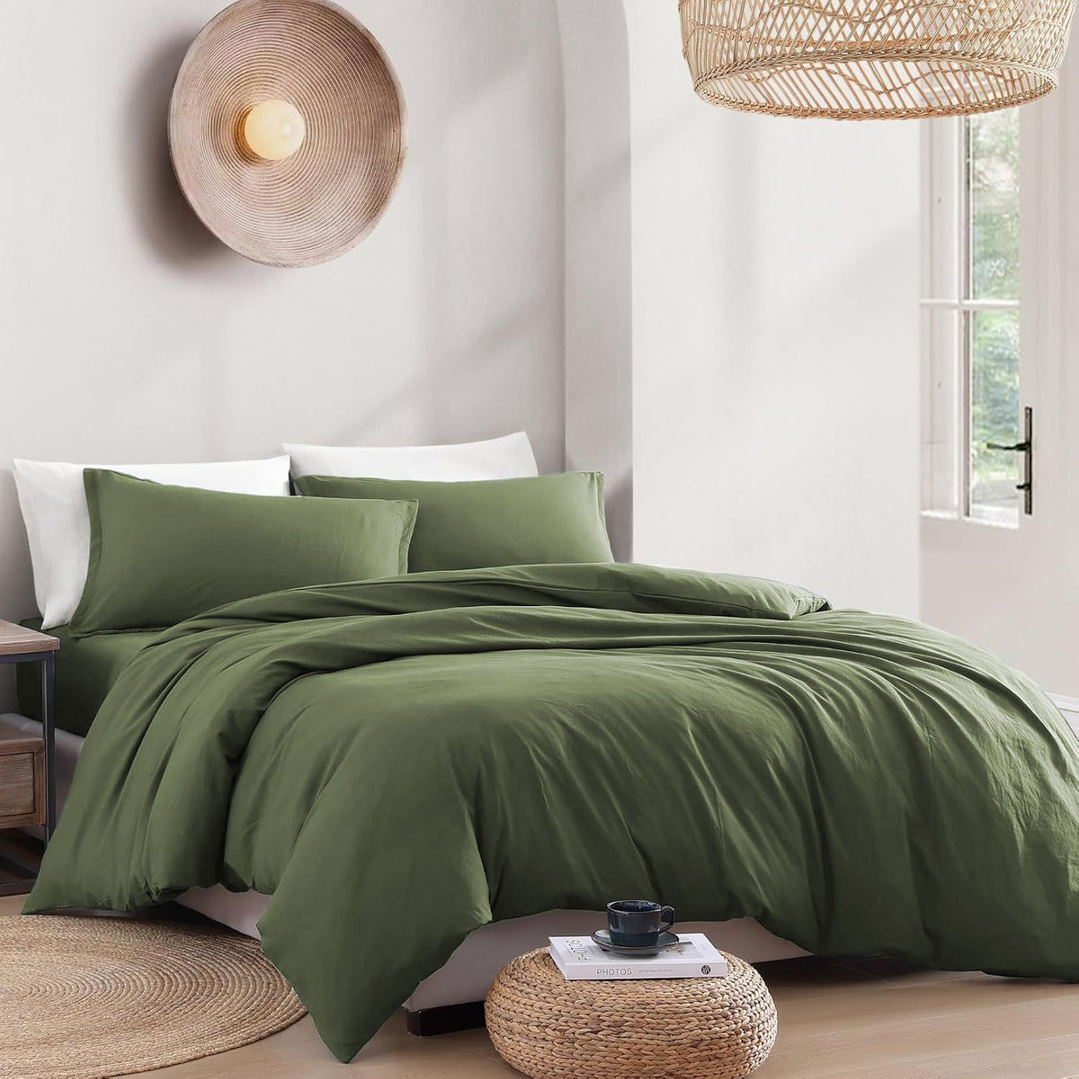 Hotel Soft Microfiber Duvet Cover Set-2000TC Quilt Cover Set & Pillowcases -1 Donna Cover Zipper Closure & 1 x Pillowcases-Breathable Bedding - Wrinkle, Fade, Stain Resistant(Olive green,Queen)