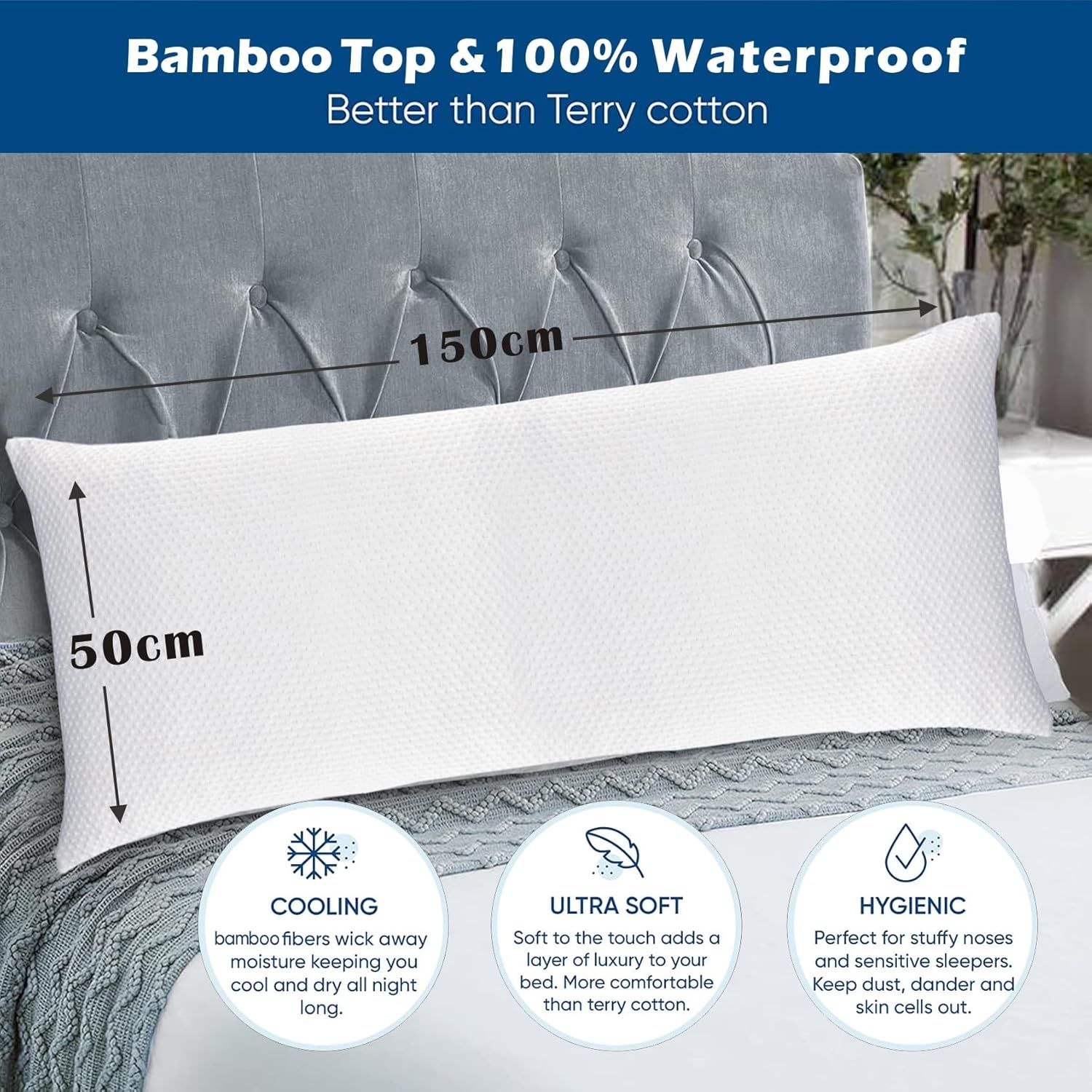 Waterproof Bamboo Pillow Protector Cover,100% Bug Water Proof Zippered Pillow Cases Body Size (1 Pack, V1317-FS280-AUCC-Z-BAI