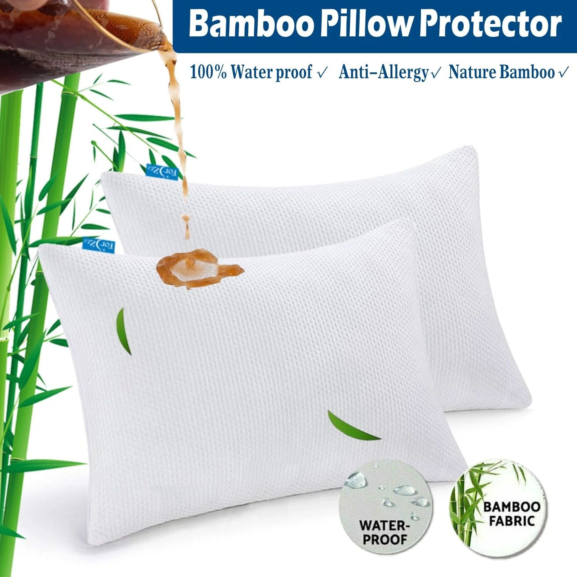 Waterproof Bamboo Pillow Protector Cover, 100% Bug Water Proof Zippered Pillow Cases Standard/Queen Size ( 2 V1317-FS280-AUST-Z-BAI