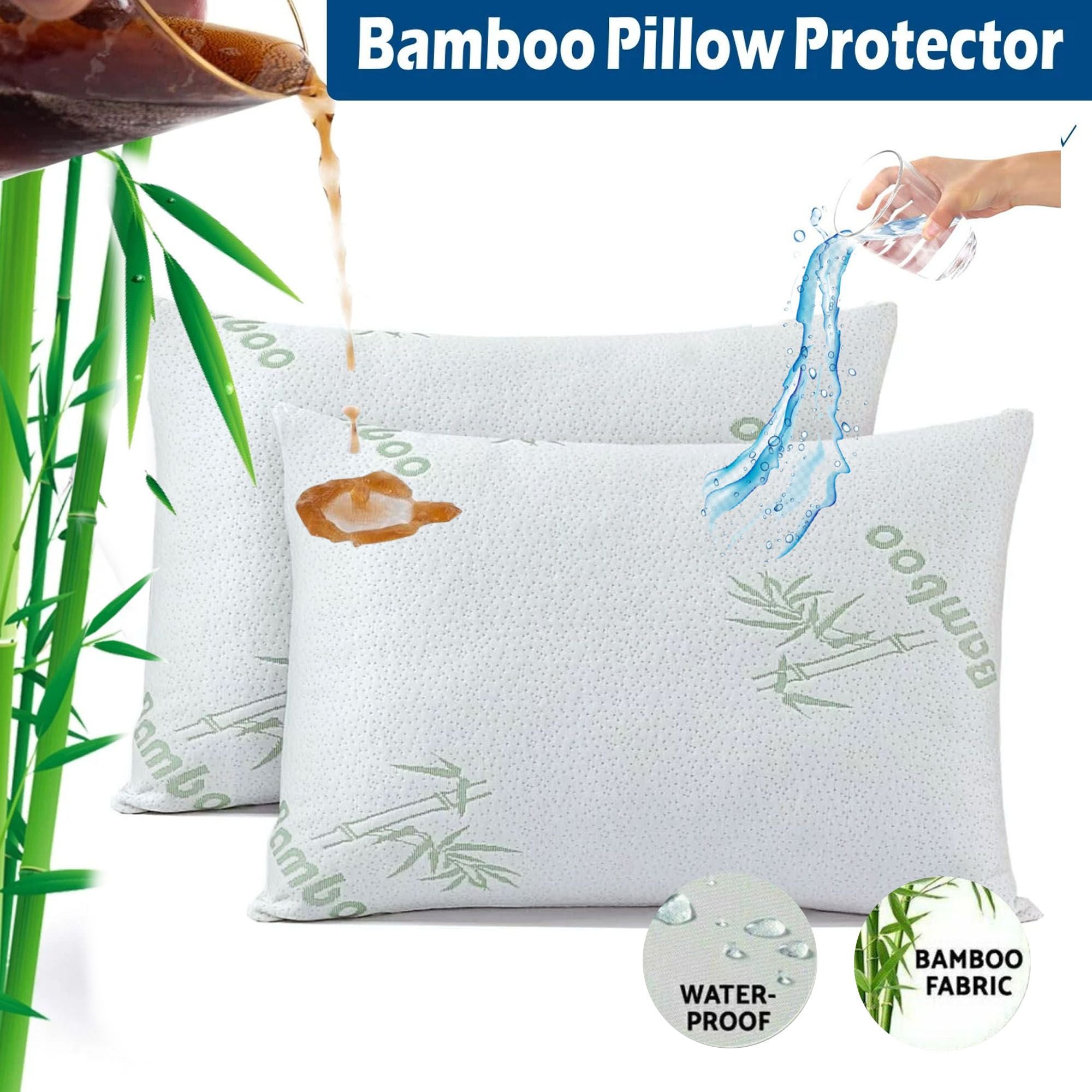 Waterproof Bamboo Pillow Protector Cover,100% Bug Water Proof Zippered Pillow Cases Standard/Queen Size ( 2 V1317-FS280-AUST-Z-LV