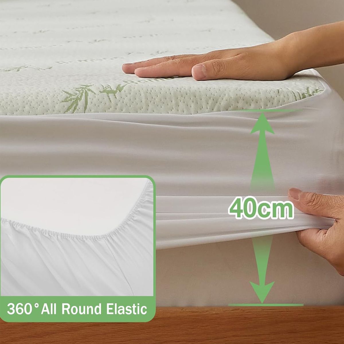 Bamboo Mattress Protector,Breathable Waterproof Mattress Cover,3D Air Fabric Cooling Bed Pad Cover, Deep Pocket 40cm(Queen,Green)