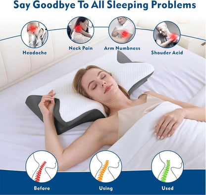 Cervical Neck Pillow for Neck Pain Relief, 2 in 1 Ergonomic Orthopedic Bed Pillow for Sleeping, Memory Foam Pillows for Side, Back & Stomach Sleepers with Removable Pillowcase(White)