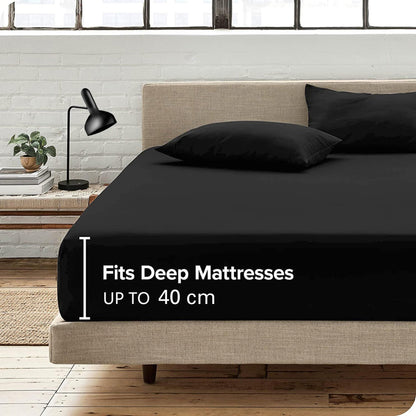 Hotel Quality Fitted Sheet - 1 Piece Fitted Sheet  -Breathable Bedding - Wrinkle, Fade, Stain Resistant- 16inch/40cm Deep Pocket Fitted Bed Sheet-Wrinkle and Fade Resistant,(Black,King Single)