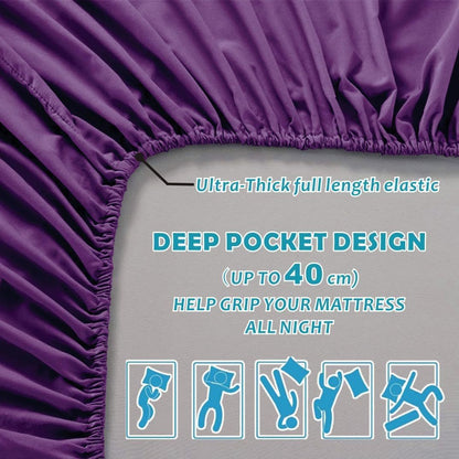 Hotel Quality Fitted Sheet - 1 Piece Fitted Sheet  -Breathable Bedding - Wrinkle, Fade, Stain Resistant- 16inch/40cm Deep Pocket Fitted Bed Sheet-Wrinkle and Fade Resistant,(Purple,Single)