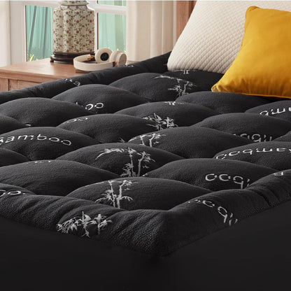 800GSM Mattress Topper Viscose Derived from Bamboo, Thick Pillowtop Fitted Mattress Cover with 45cm Deep Skirt - Machine Washable Hypoallergenic(King,Black)