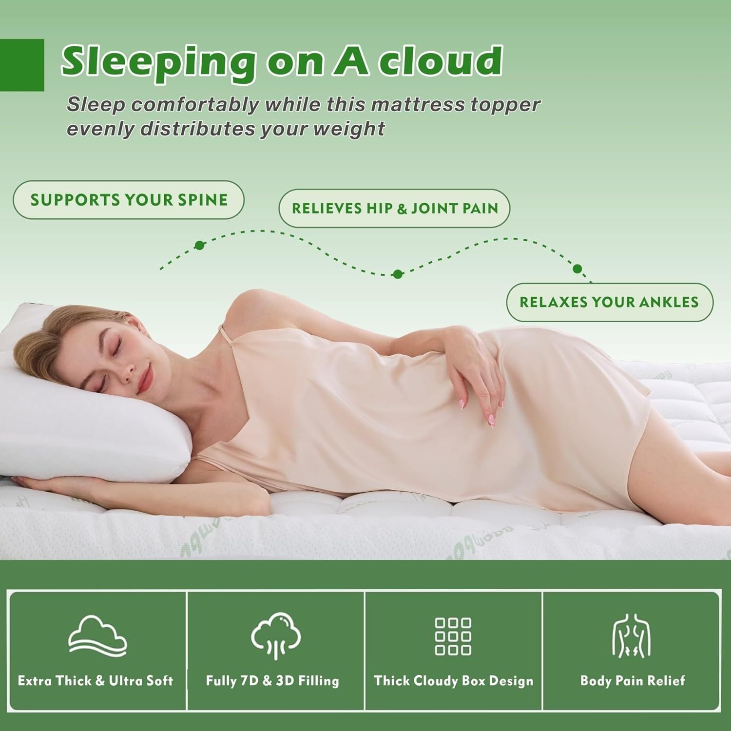 800GSM Mattress Topper Viscose Derived from Bamboo, Thick Pillowtop Fitted Mattress Cover with 45cm Deep Skirt - Machine Washable Hypoallergenic（King Single,Green）