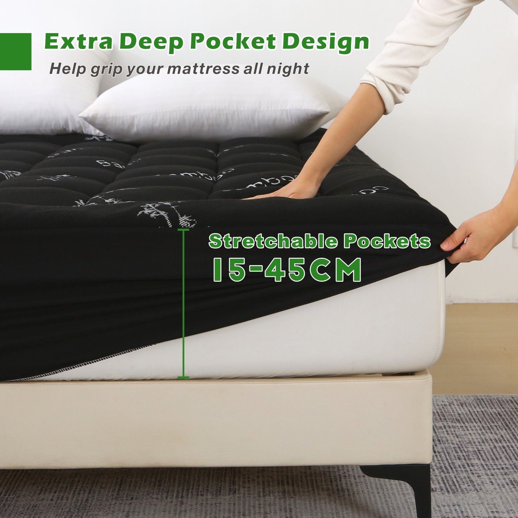 800GSM Mattress Topper Viscose Derived from Bamboo, Thick Pillowtop Fitted Mattress Cover with 45cm Deep Skirt - Machine Washable Hypoallergenic（Single,Black）