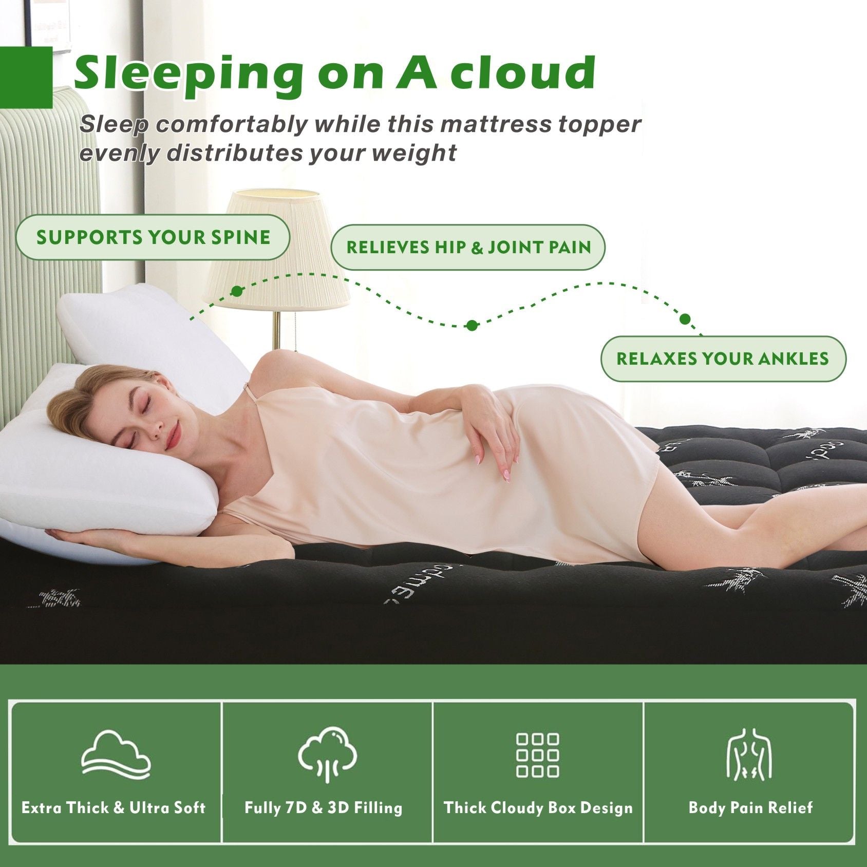 800GSM Mattress Topper Viscose Derived from Bamboo, Thick Pillowtop Fitted Mattress Cover with 45cm Deep Skirt - Machine Washable Hypoallergenic（Single,Black）