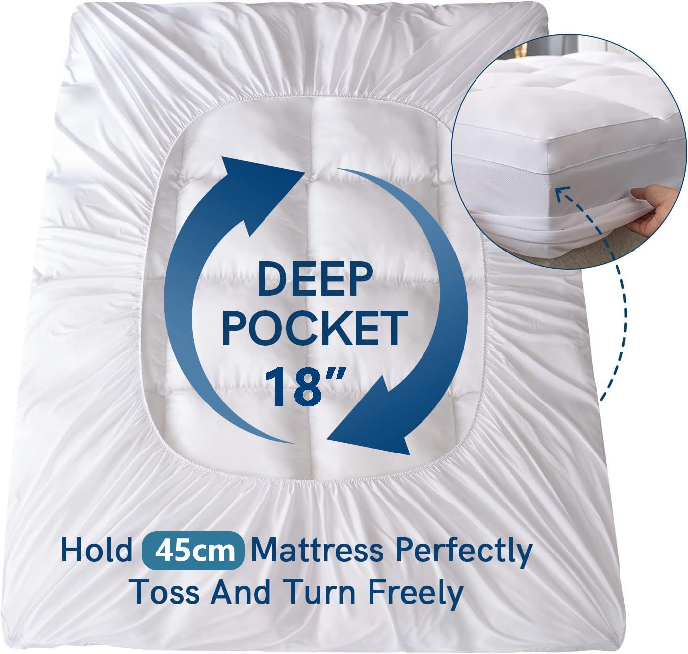1000GSM Mattress Topper Viscose Derived from Bamboo, Thick Pillowtop Fitted Mattress Cover with 45cm Deep Skirt - Machine Washable Hypoallergenic(Super King,white)